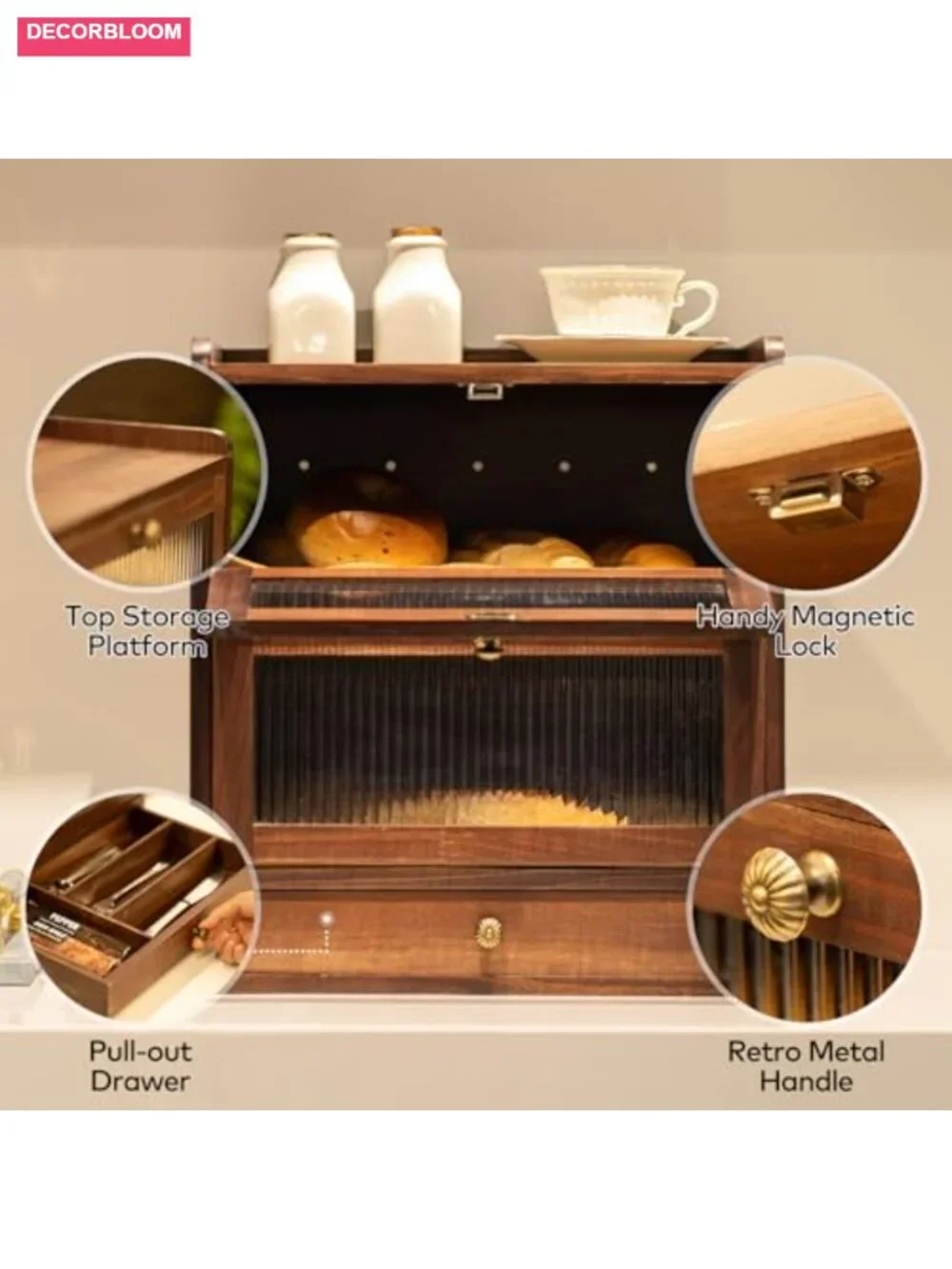 Solid Pine Wood Bread Box with Cutlery Drawer, 2-Tier Large Capacity, Vintage